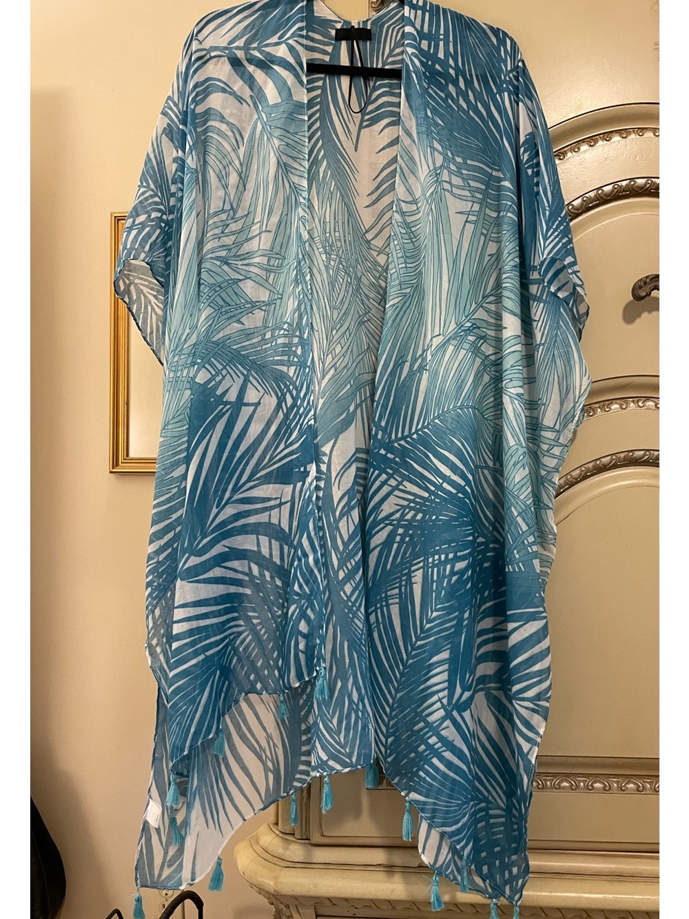 Blue Tropical Leaf Sheer Kimono - jacket or swim coverup One Size fits All NWOT